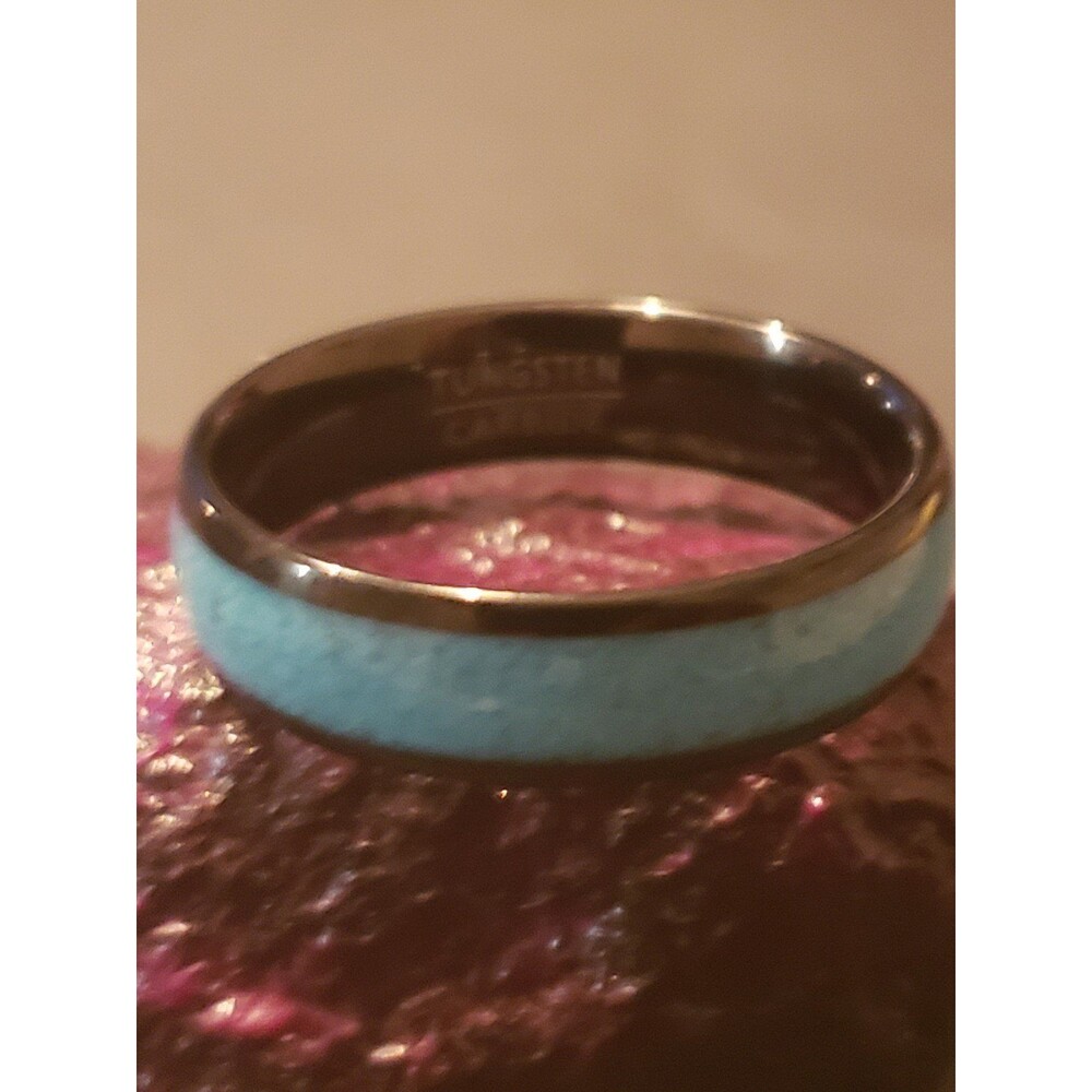 Black Tungsten Carbide With Faux TurquoiseInlay Wedding Band Ring Women's 11